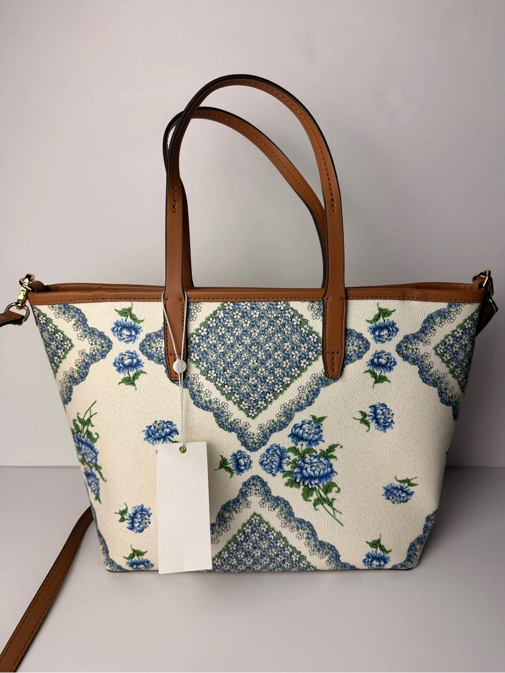Tory Burch Kerrington Small Zip Tote Terrace Ditsy Floral Cloud Blue Brown